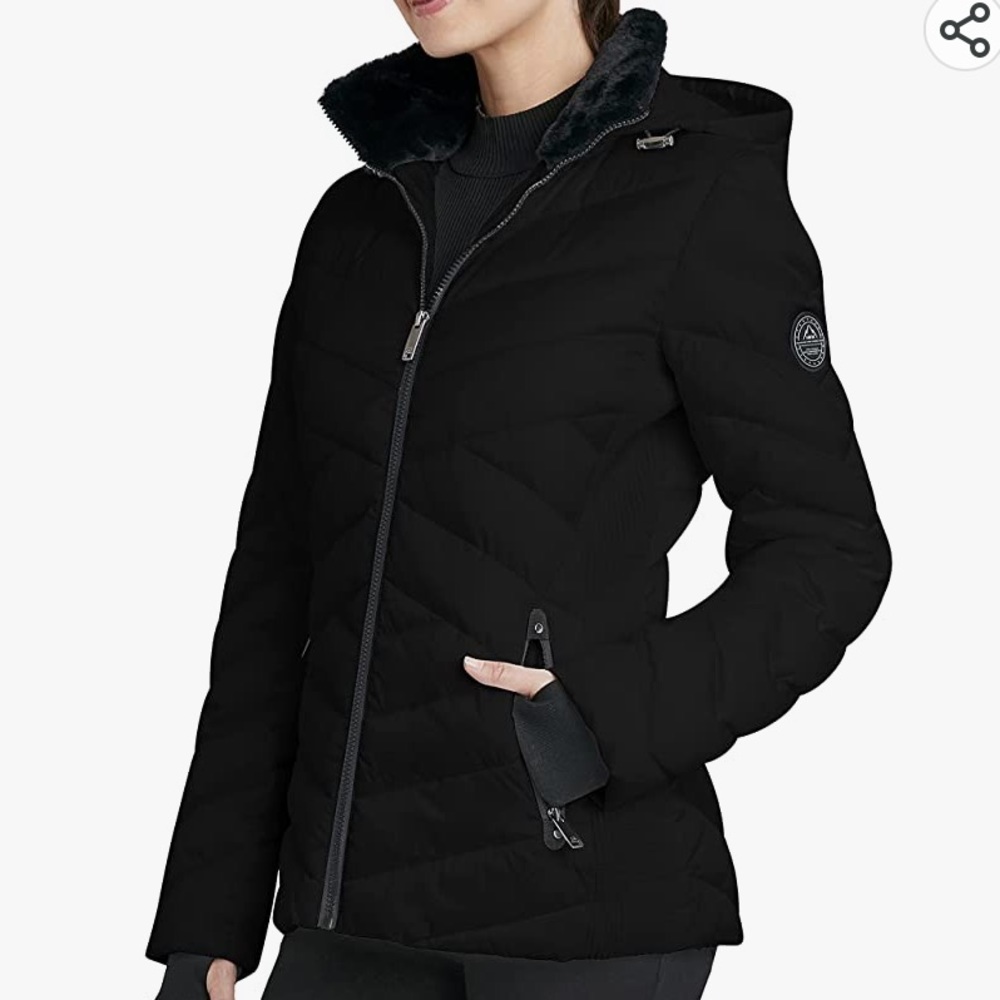 HFX Women's Puffer Jacket with Faux Fur Trimmed Collar with Hood, size M